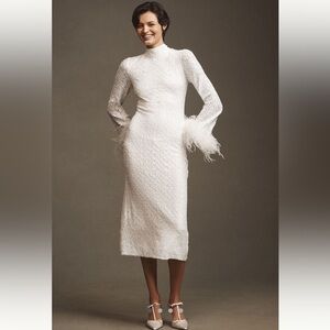 Elegant Anthropologie White Sequin and Feather Dress